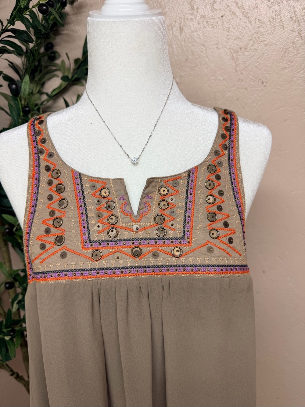 Umgee Taupe Sleeveless Dress with Orange & Purple Embroidery
